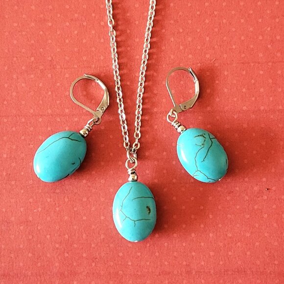 TURQUOISE HOWLITE Stainless Steel Gemstone Chain Necklace 18" Earrings SET - Picture 6 of 9